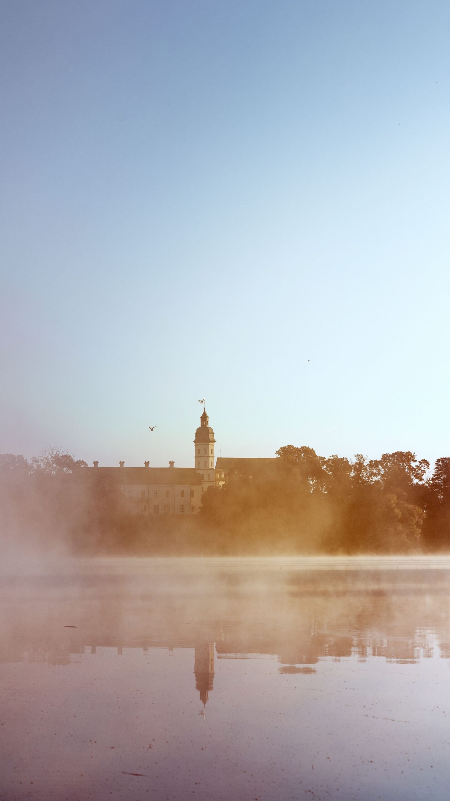 a foggy lake with a building in the background